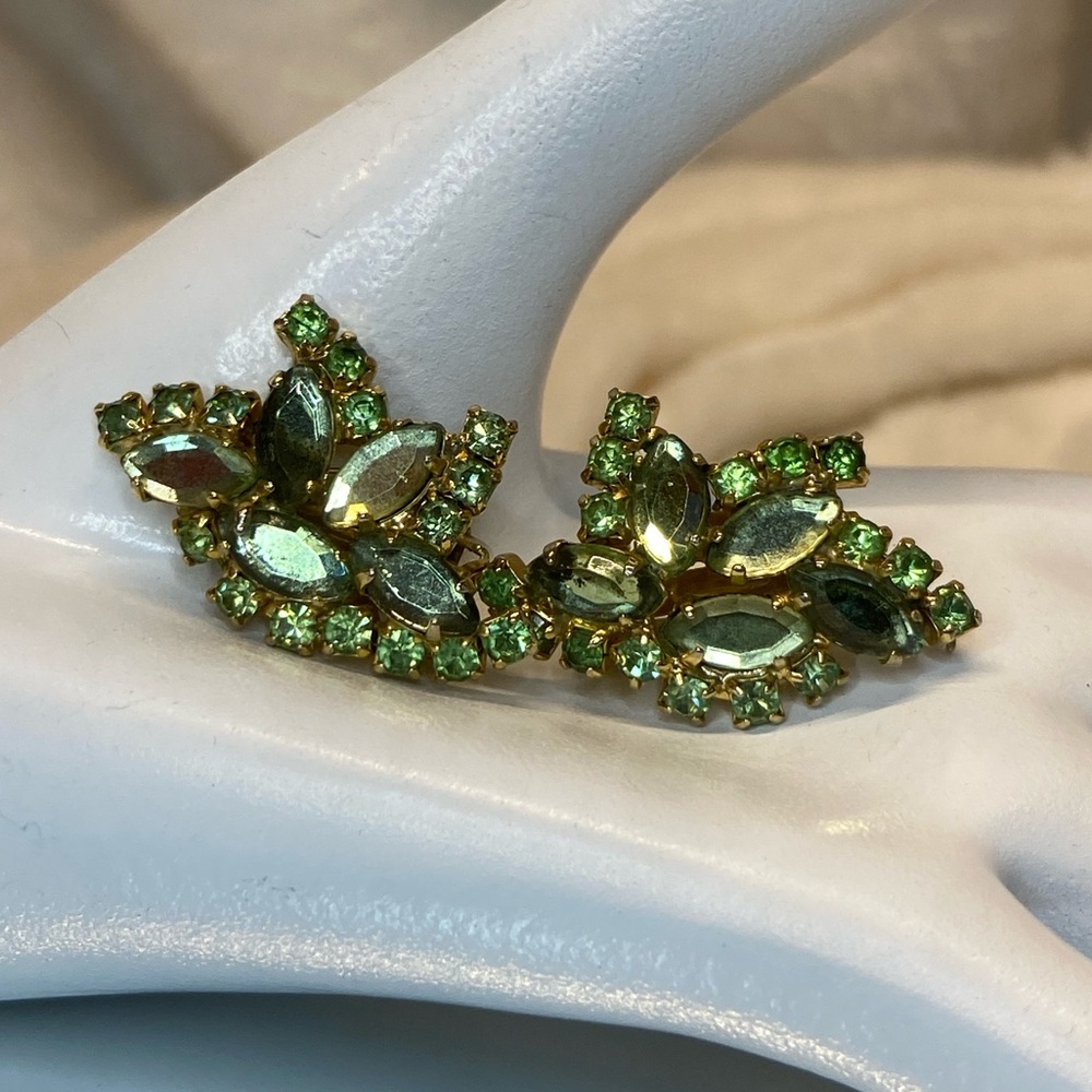 Vintage Green Rhinestone Clip on Earring on Gold Tone Setting Prong Set